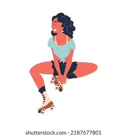 Retro Dressed Brunette Woman Roller Skater in Shorts Sitting and Smiling Vector Illustration