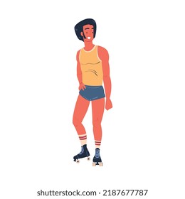 Retro Dressed Man Roller Skater In Shorts Roller Skating And Smiling Vector Illustration