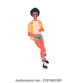 Retro Dressed Man Roller Skater In Shorts Roller Skating And Smiling Vector Illustration