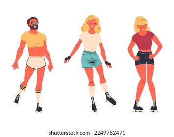 Retro Dressed Man and Woman Roller Skater in Shorts Roller Skating and Smiling Vector Set