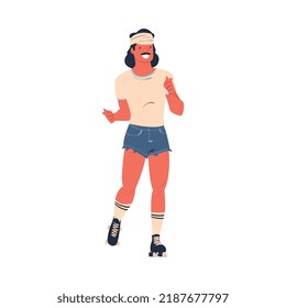 Retro Dressed Mustached Man Roller Skater In Shorts Roller Skating And Smiling Vector Illustration