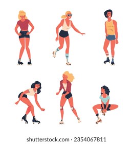 Retro Dressed People Roller Skater Roller Skating and Smiling Vector Set