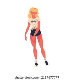 Retro Dressed Woman Roller Skater in Shorts Roller Skating and Smiling Vector Illustration