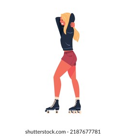 Retro Dressed Woman Roller Skater in Shorts Roller Skating and Smiling Vector Illustration