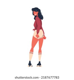 Retro Dressed Woman Roller Skater in Shorts Roller Skating and Smiling Vector Illustration