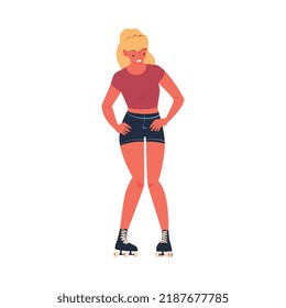 Retro Dressed Woman Roller Skater in Shorts Roller Skating and Smiling Vector Illustration
