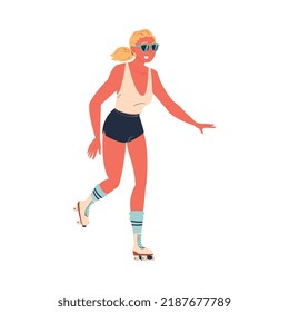 Retro Dressed Woman Roller Skater in Shorts and Sunglasses Roller Skating and Smiling Vector Illustration
