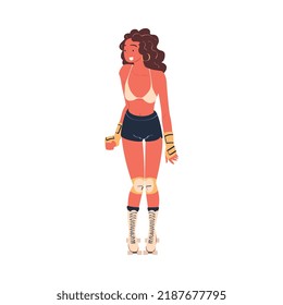 Retro Dressed Woman Roller Skater in Shorts Roller Skating and Smiling Vector Illustration