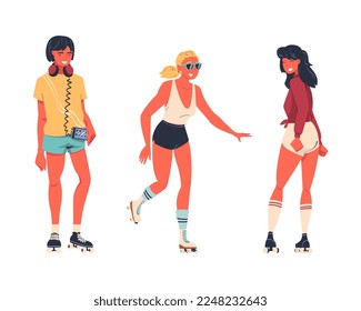 Retro Dressed Woman Roller Skater in Shorts Roller Skating and Smiling Vector Set