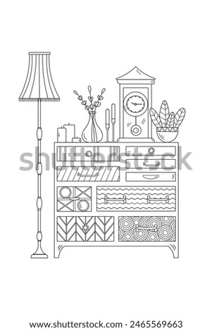 Retro Dresser With Lamp, Clock, Plant, And Candles Coloring Page For Adults And Children