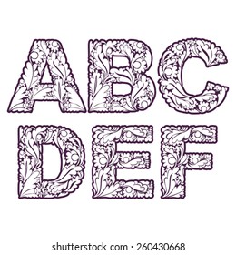 Retro drop caps with herbal ornament. Beautiful font with floral pattern, A, B, C, D, E, F.