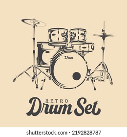 Retro Drum Set Vector Drawing. Retro Drum Kit Vector Illustration