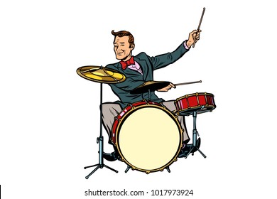 retro drummer behind the kit. Isolated on white background. Pop art vector illustration comic cartoon hand drawing