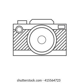 Retro DSLR camera in thin line design isolated on white background. Photocamera vector outline icon.