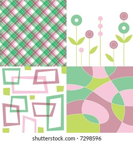 retro dusky pink and green plaid, flower, square and squiggle quads (vector)