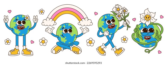 Retro earth cartoon character.  Earth Day. Save planet  conception. World Environment Day. Trendy groovy 70s style illustration. Vector funny illustration. 