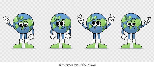 Retro Earth Cartoon Characters. Cute symbols, mascot with faces, different poses of hands and feet. Playful cheeky happy planet earth in trendy retro comic style. Earth Day.International Mother Earth 
