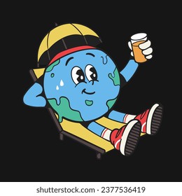 Retro Earth cartoon Mascot enjoy drink when sun bathing illustration vector in isolated black background