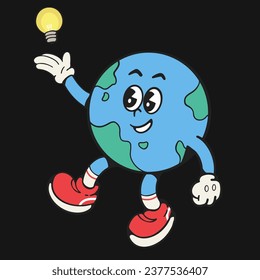 Retro Earth cartoon Mascot with levitate light bulb illustration vector in isolated black background