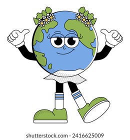 Retro Earth character cartoon groovy style. Funky globe sticker with psychedelic smile face. Earth day or World Environment Day. Vector illustration on white background. 