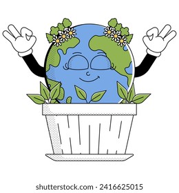 Retro Earth character cartoon groovy style. Funky globe sticker with psychedelic smile face. Earth day or World Environment Day. Vector illustration on white background. 