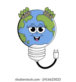 Retro Earth character cartoon groovy style. Funky globe sticker with psychedelic smile face. Earth day or World Environment Day. Vector illustration on white background. 