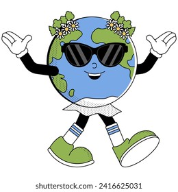 Retro Earth character cartoon groovy style. Funky globe sticker with psychedelic smile face. Earth day or World Environment Day. Vector illustration on white background. 