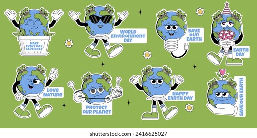 Retro Earth characters cartoon style. Funky globe mascot stickers with psychedelic smile. Earth day. World Environment Day. Eco friendly labels or badges. Groovy vector illustration. 