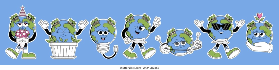Retro Earth characters cartoon style. Funky globe mascot stickers with psychedelic smile. Earth day. World Environment Day. Eco friendly labels or badges. Groovy vector illustration. 
