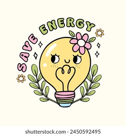 Retro Earth Day, cute light blub Pastel , save energy, Doodle Drawing Cartoon Character, shirt design printable.