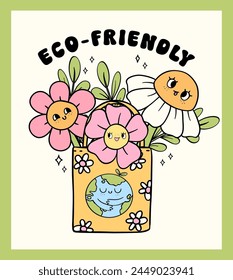 Retro Earth Day, eco friendly shopping bag Pastel Doodle Drawing Cartoon Character, save the ocean shirt design printable.