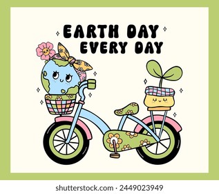 Retro Earth Day, eco friendly bicycle Pastel Doodle Drawing Cartoon Character, shirt design printable.