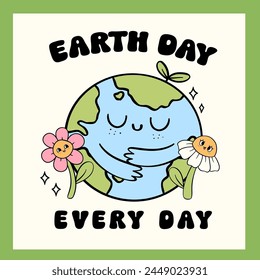 Retro Earth Day, self love globe Pastel Doodle Drawing Cartoon Character, shirt design printable.