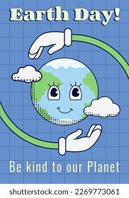 Carácter retro terrestre globo con manos protectoras alrededor. Ilustración conceptual amigable con el ambiente en los años 70 con sol, luna y nubes. Mascota retro en guantes.