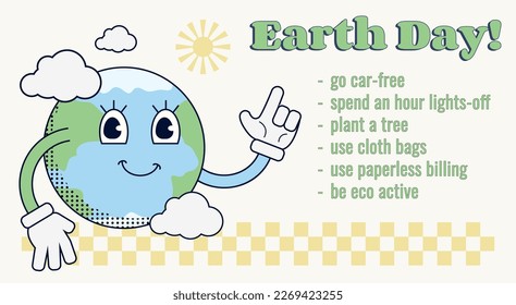 Retro Earth globe character smiling and showing the reminders for the Earth day. Environment friendly concept illustration in 70s style. Retro mascot in gloves.