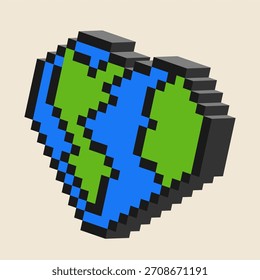 Retro Earth or Globe flag logo in isometric pixel vintage concept with simple shading