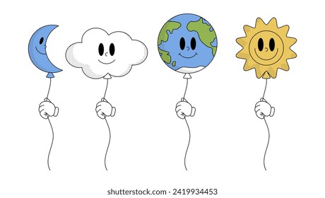 Retro Earth, Moon, Cloud und Sun Charaktere Cartoon Stil. Earth Day. Weltumwelttag. Große Vektorgrafik. 