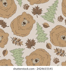 Retro earthy colours brown grizzly bear in pine forest vector seamless pattern. Wild nature woods animals background. Happy camper summer vacation outdoor recreation backdrop.