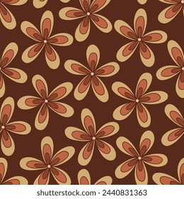 Retro earthy colours groovy flowers vector seamless pattern. Hand drawn boho hippie floral background.