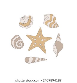 Colores retro tierra cáscara estepa de peces bajo el agua de la vida marina ilustración vectorial aislado en blanco. Groovy impresión tropical de Navidad de verano.