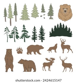 Retro colores tierra naturaleza salvaje árboles perennes bosque animales ilustración vectorial conjunto aislado en blanco. Abeto de pino para árbol oso pardo reno lobo lek estampado colección. Feliz acampada