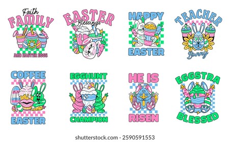 Retro Easter 90s graphic t-shir design for print, Easter cartoon design for celebrate festival