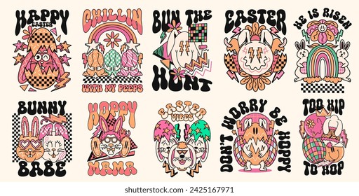 Conjunto de diseño de camiseta de Pascua 90 retro, colección de póster gráfico de Pascua hippie. Paquete de citas de Pascua, 80s personaje de dibujos animados de la ranura de Pascua. Conjunto de vector cristiano para impresión