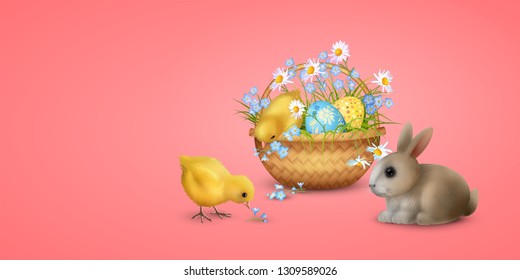 Retro Easter Background. Vector basket full of eggs, spring flowers, cute little rabbit and chickens