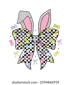 Retro Easter Bunny Coquette, Happy Easter, Pink Spring Bow, Retro Checkered Rabbit,bunny, Girls Pink.