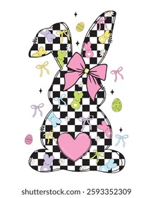 Retro Easter Bunny Coquette,Pink Bow, Retro Checkered, Floral Spring, Girls Pink, Bunny with Bows and Peeps Cute Aesthetic T Shirt Design