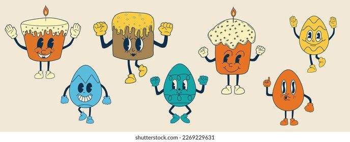 Retro easter cake and easter egg  mascot. Cute characters in trendy retro 60s 70s cartoon style. Vector hand drawn illustration	