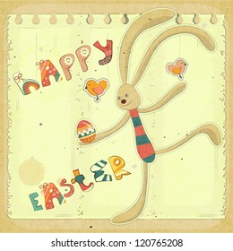 Retro Easter Card with Bunny and Egg. Hand Lettering Happy Easter. Vector Illustration.