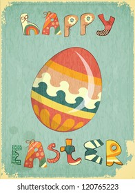 Retro Easter Card with colorful Egg and Hand Lettering Happy Easter. Vector Illustration.