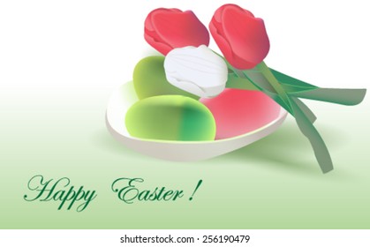 Retro Easter card with eggs and tulips - Vector illustration. 